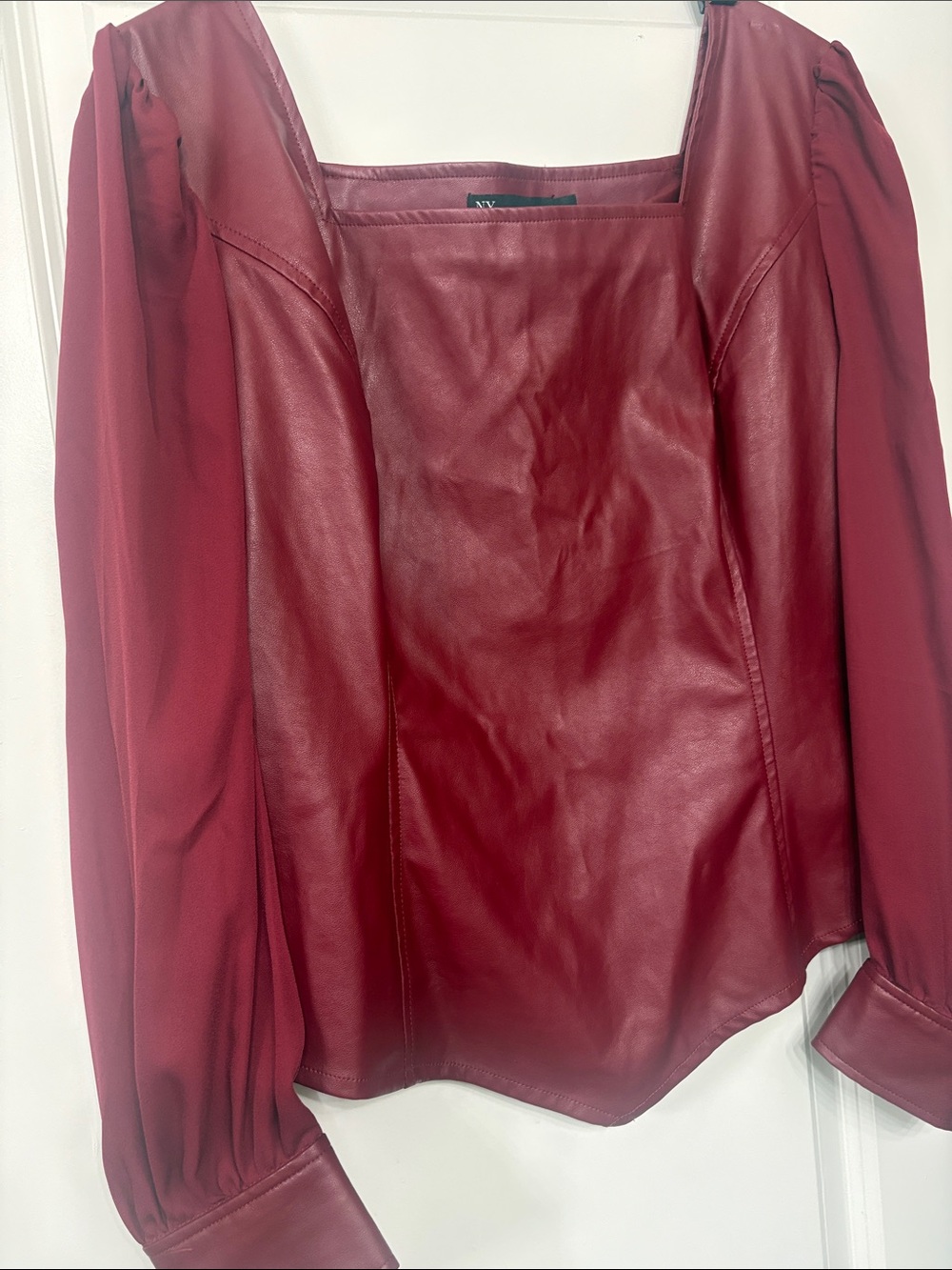 New York & Company Burgundy Faux Leather Sheet Puff-Sleeve Jacket